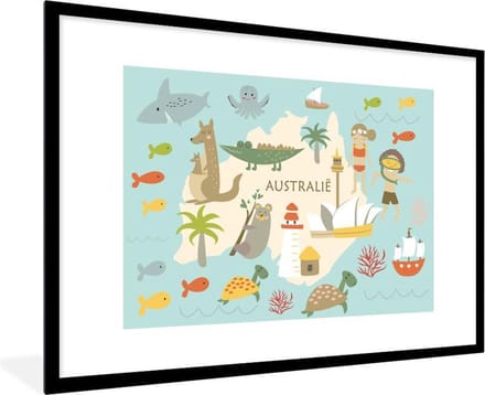 Wereldkaart Kinderen - Australië - Kleuren - Schoolplaat - Kinderkamer - 90x60 cm