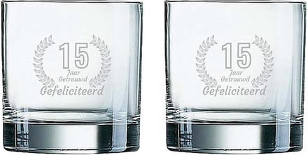 Gegraveerde set Whiskeyglazen 38cl Gefeliciteerd 15 jaar getrouwd