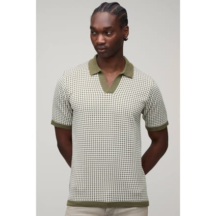 Tall Regular Fit Revere Houndstooth Knitted Polo T-Shirt | Olive | Size Medium