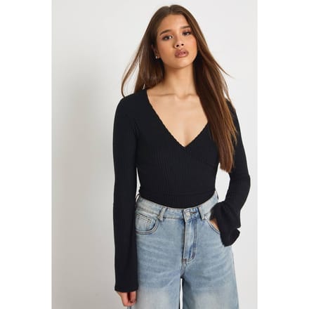 boohoo Dames Zachte Geborstelde Rib V-Hals Bodysuit | Black | Maat: 6