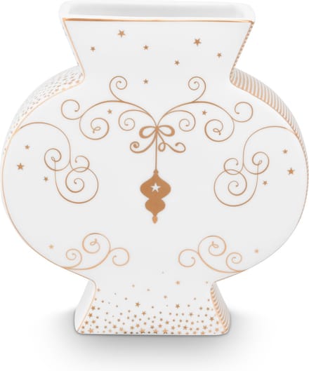 Pip Studio Royal Winter White Vaas Plat Wit met gouden krullen Hoogte: 16cm Kerst Vaas