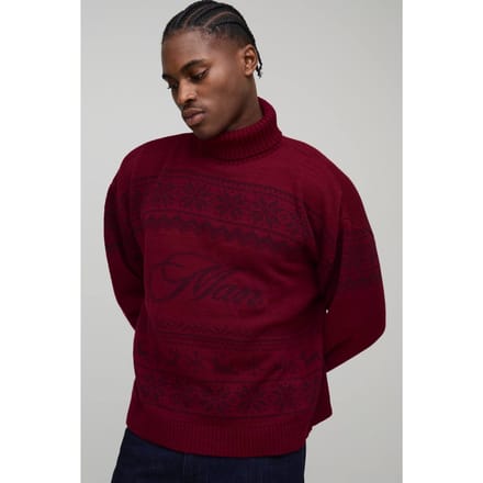 Oversized Boxy Roll Neck Christmas Fair Isle Knitted Jumper | Burgundy | Size Medium