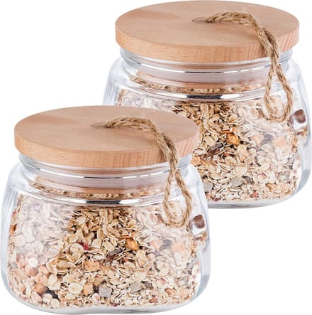 APS Woody Voorraadpot Glas - Houten Deksel met Siliconenn Afdichting - Vershouddoos - 1L - Set van 2