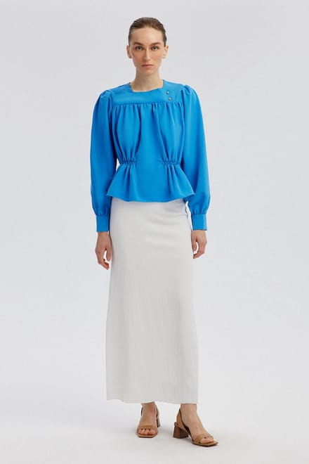 Touché Privé - Blouse met linnenstructuur en plooien - Blauw - Dames