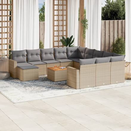vidaXL - 13-delige - Loungeset - met - kussens - poly - rattan - gemengd - beige