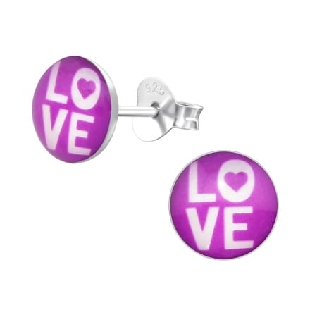 Joy|S - Zilveren ronde oorbellen - Love - paars - 8 mm