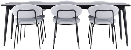 Ellis eethoek tafel 85x230cm en 6 bouclé stoelen zwart.