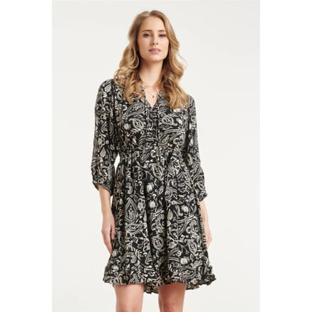 Smashed Lemon Zwarte jurk met beige paisley print en ruffle zoom |