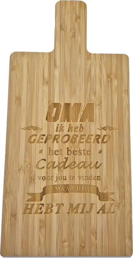 Passie voor stickers Snijplank van Bamboe met gelaserde tekst: Oma ik heb geprobeerd het beste cadeau