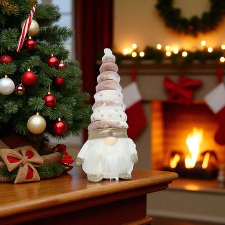 Kerstgnoom met verlichte neus 34 cm - Roze -Kerstdecoratie