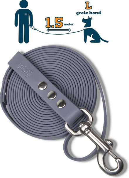 Miqdi hondenriem – BioThane® - grijs – 1.5 meter lang – 19mm breed – L/XL - grote hond