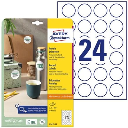 Etiket Avery 40mm rond wit 10 vel 24 etiketten per vel
