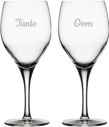 Gegraveerde witte wijnglas 34cl Tante & Oom