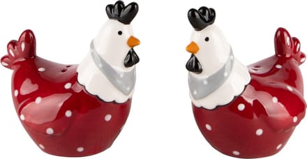 Dekoratief | Duo peper/zout kippetjes, rood/wit, keramiek, 9x6x9cm | A240072