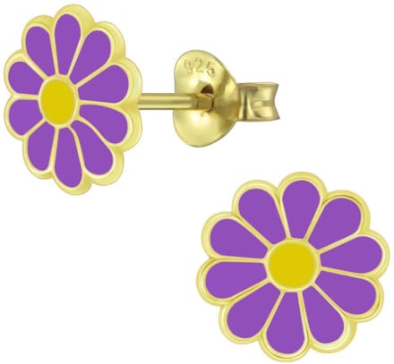 Joy|S - Zilveren madelief bloem oorbellen - paars - gold plated