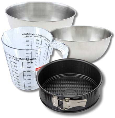 Bakkersset met 20 cm springvorm, 2 mengkommen, maatbeker en spatel Zenker