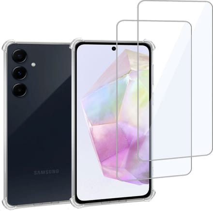 Geschikt voor Samsung Galaxy A35 - Hoesje + 2x Screenprotector – Gehard Glas Cover + Shock Proof Case – Transparant