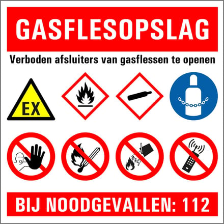 Gasflesopslag verboden te openen sticker 200 x 200 mm