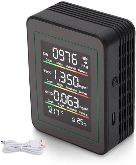 Luchtkwaliteitsmonitor - CO2-meter - Binnenklimaat Controleren - 5-in-1 Detectie - 9 x 7 x 3.5 cm - Zwart