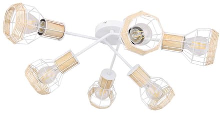 Plafondlamp spot 6 vlammen kooi kappen plafondlamp wit raffia, metaal, naturel, 6x E27 fitting, DxH 70x24 cm