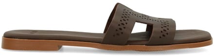 Manfield - Dames - Donkerbruine leren slippers - Maat 36