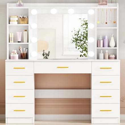 Grote make-uptafel met spiegel en LED-verlichting - 3 kleuren, instelbare helderheid, 9 laden en 6 open planken