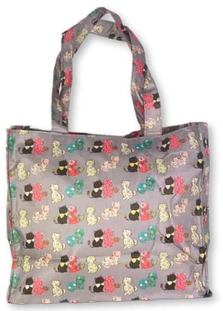 Kleine damestas nylon herbruikbare boodschappentas met ritssluiting en kitten patroon 30 cm