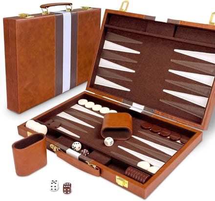 CLVP® Backgammon Koffer – Luxe Backgammon Set – Lederen Bordspel – Reisspel Set - Draagbaar –Bruin