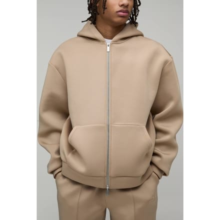 Oversized Boxy Bonded Scuba Zip Through Hoodie | Taupe | Size Medium