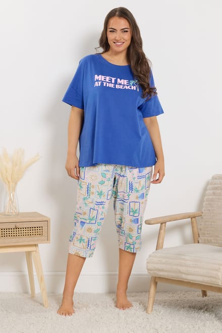 Yours Natuurlijk Bruine Cropped Pyjamabroek Met Postkaartprint Size 42-44