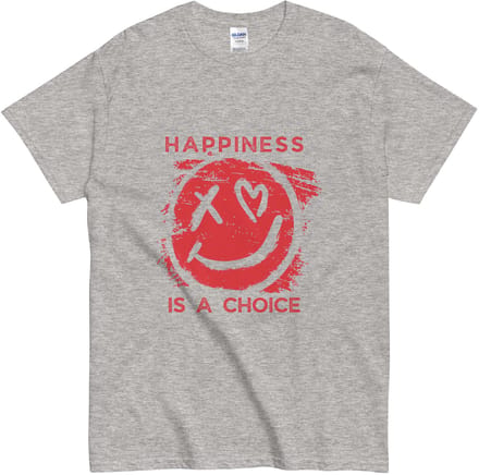 Grijs Tshirt met Rode Smiley en Tekst - Happiness is a Choice - Dames Heren - M