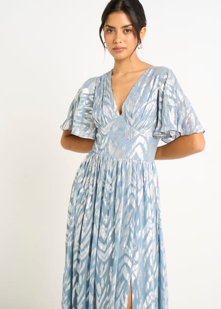 Blauwe metallic print maxi-jurk met korte mouwen