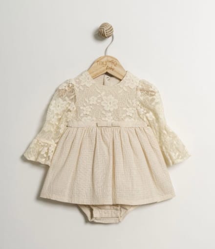 Baby Meisjes Romper Jurk Beige – Kant & Tule – Lange Mouwen – Maat 62 t/m 80