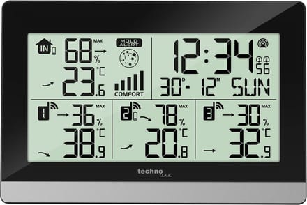 Weerstation Technoline WS 7065 144x96x38mm zwart/zilver met 3 buitensensors 30m