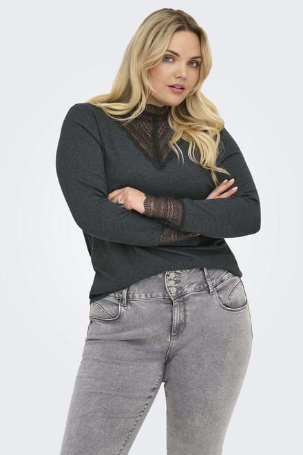 ONLY CARMAKOMA - CARTILDE RIB LACE L/S TOP JRS NOOS - Dames - Tops