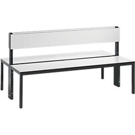 Basic Plus bank, 2-zijdig, rugleuning, zonder schoenenrek, 4-poots frame zwartgrijs RAL 7021, B 1500 mm, decor wit
