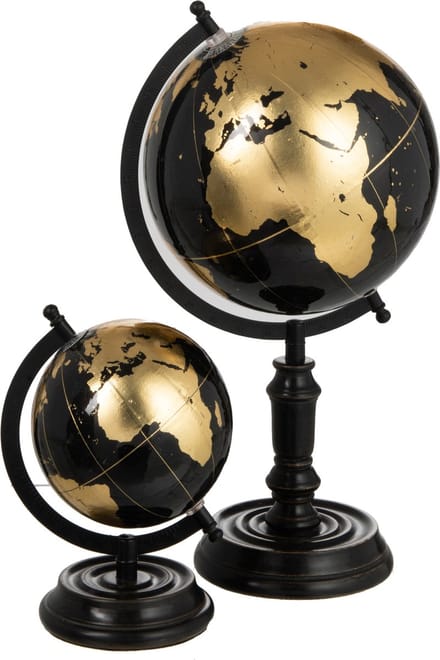 J-Line wereldbol Op Voet - hout - zwart/goud - medium