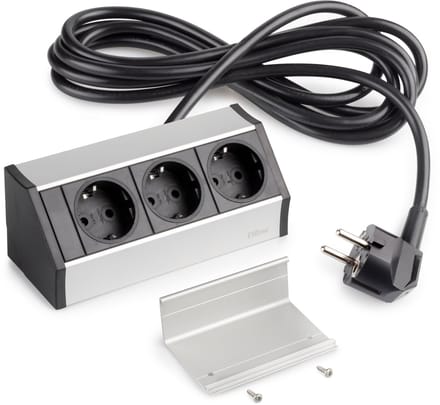 Emuca opbouw multistekkerdoos V Dock, 3 x Schuko-aansluiting, Plastic en Aluminium, Matt geanodiseer