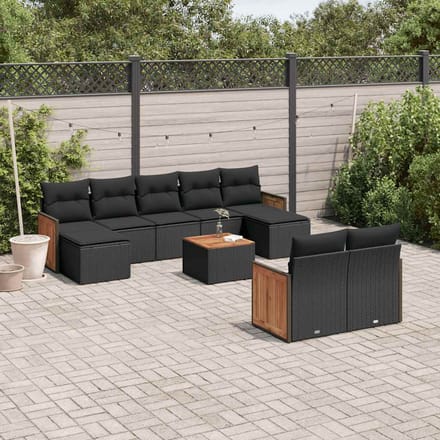 vidaXL - 10-delige - Loungeset - met - kussens - poly - rattan - zwart