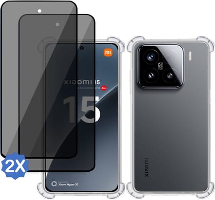 TechNow Hoesje + 2x Privé Screenprotector geschikt voor Xiaomi 15 Hoesje Screenprotector - Privacy Tempered Glass - Case Transparant