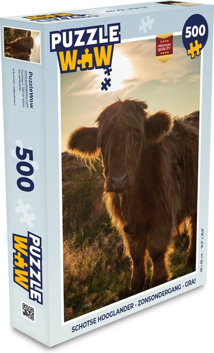Puzzel Schotse Hooglander - Zonsondergang - Gras - Legpuzzel - Puzzel 500 stukjes