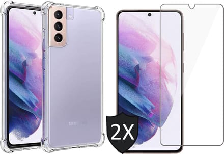 Hoesje geschikt voor Samsung Galaxy S21 - 2x Screen Protector GlassGuard - Back Cover Case ShockGuard Transparant & Screenprotector