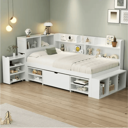 KOMHTOM Kinderbed 90*200 cm, met laden, planken en opbergruimte, lattenbodem, wit