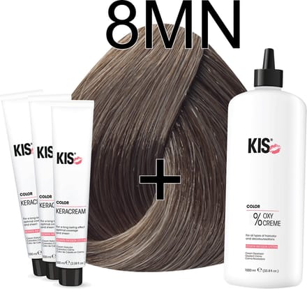 Kis KeraCream Color - 100ml - Haarverf Set - 8MN Licht mat blond | KIS - (3 x haarverf & 1L waterstofperoxide)