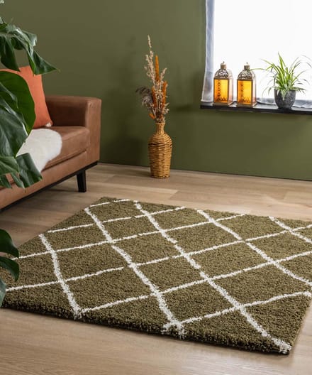 Vierkant hoogpolig vloerkleed ruiten Artisan - olijfgroen/wit 200x200