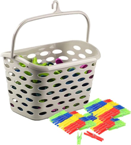 Plasticforte Wasknijpers ophang mandje/bakje - beige - met 72x plastic knijpers