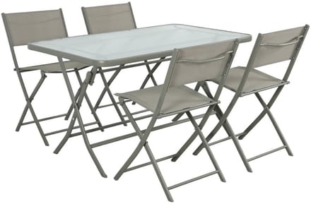 sweeek - Opklapbare tuintafel staal en veiligheidsglas + 4 stoelen textileen en staal - ancona