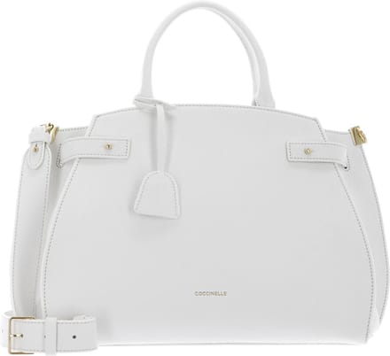 COCCINELLE Leren Handtas Schoudertas Kliche Handbag Grained Leather Brillant White Wit