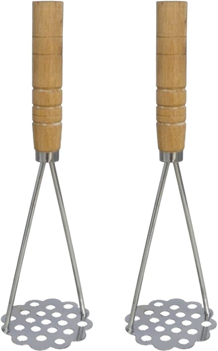 Gerimport Aardappelstamper/pureestamper - 2x - metaal/hout - keuken gerei - 25 cm