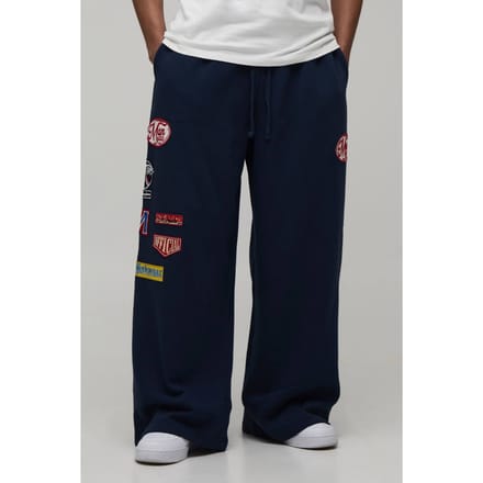 Extreme Wijde Pijpen Lage Kruis Moto Badge Joggingbroek | Navy | Size Medium